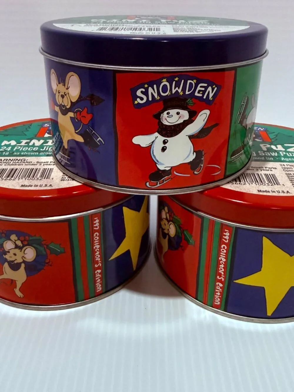 Vintage Snowden Mini 24pc Puzzle, 3 Tins Complete Unopened Pack
